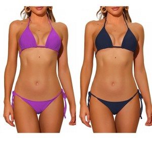 INSPIRE CHIC Women's Halter Tie Side Low Waist Triangle Bottom Basic Bikini Sets 2 Sets - 1 of 4