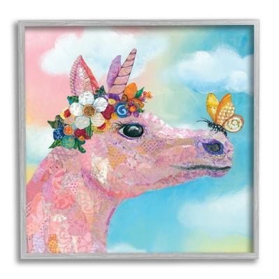 Stupell Industries Butterfly Kisses Pink Fantasy Unicorn Flower Blossoms Framed Giclee Art