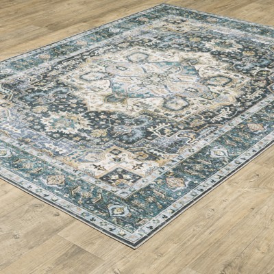 Charleston Blue and Ivory Washable Polyester 8x10 Area Rug