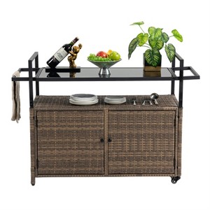 LunaLulinlk Wicker Cart, Rolling Rattan Beverage Bar Counter Table w/Glass Top for Garden Poolside Party, Kitchen, Light brown - 1 of 4