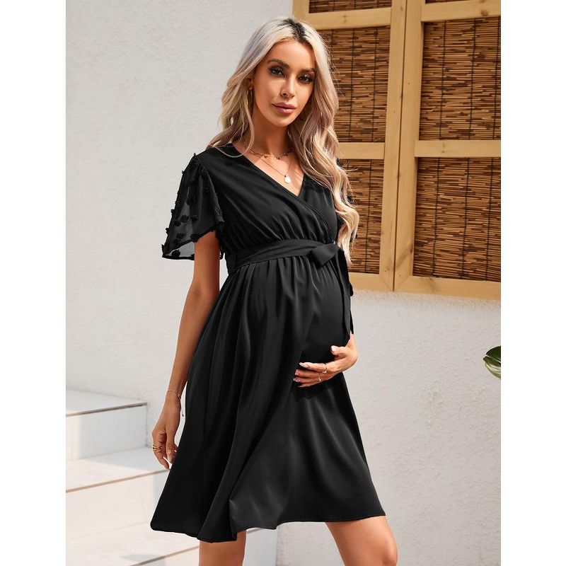 Women Maternity Swiss Dot Short Sleeve V Neck Summer Wrap Midi Dress Casual Nursing Dress Baby Shower Photoshoot Belt, 3 of 8