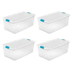 Sterilite 106 Quart Clear Plastic Latching Lid Storage Tote Container, 4 Pack