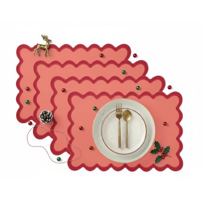 Folkulture Christmas Placemats | Set of 4 (13" x1 9") Boho & Christmas Table Mats Scalloped Design | Red Christmas Table Decor