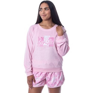 Mattel Womens' Barbie Classic Logo Sweater and Shorts Sleep Pajama Set Pink - 1 of 4