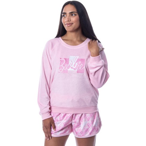 Barbie Ladies Pyjama Set, Womens Ribbed White Vest & Pink All Over Print  Elasticated Shorts