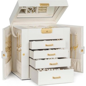 Leather Jewelry Box with Mirror & Lock, 3-Tier Organizer with 2 Drawers for Necklaces & Bracelets - 1 of 4