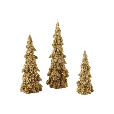 Christmas 10.5" Gold Glittered Tree Candles Retro Decor Set Of 3  -  Flame Candles