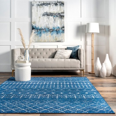 Distressed Moroccan Trellis 4' Square Blue Synthetic Area Rug