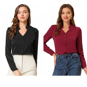 INSPIRE CHIC Women's Elegant V Neck Work Office Button Up Shirt 2 Packs - 1 of 4