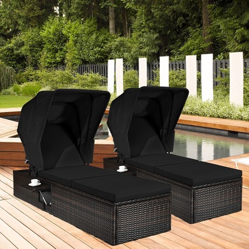 Costway 2pcs Patio Rattan Lounge Chair Chaise Cushion Canopy