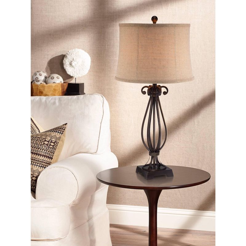 Regency Hill Taos Traditional Table Lamp 32" Tall Iron Open Scroll Base Neutral Burlap Shade for Bedroom Living Room Bedside Nightstand Office Kids, 5 of 7