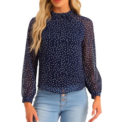 Allegra K Women's Chiffon Work Formal Casual Tie Back Long Sleeve Polka Dots Blouse