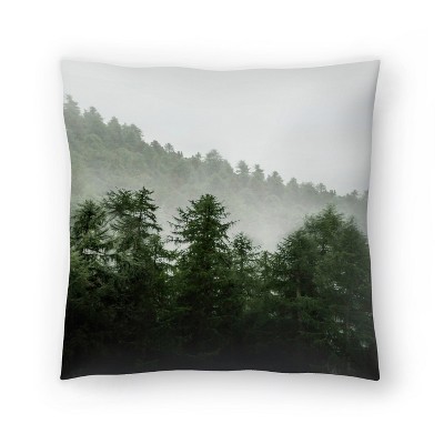 16x16 Multicolor Forest Art Woodland Pine Trees Green Forest Fog Pine Trees Nature Art Throw Pillow 
