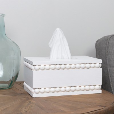 White Beaded Rectangular Paulownia Wood Tissue Box Cover