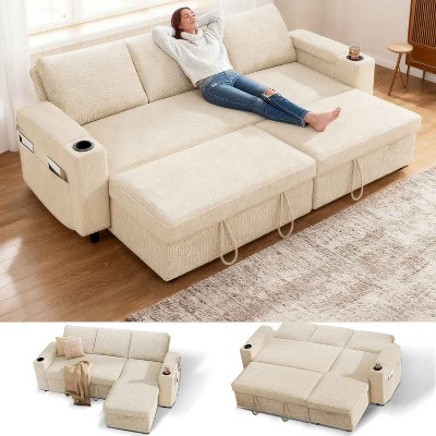 Vipbear Sleeper Sofa Bed, 82" Pull Out Couch with Reclining Backrest/Reversible Storage Chaise, 3 in 1 L-Shaped Couch Tool-Free Assembly
