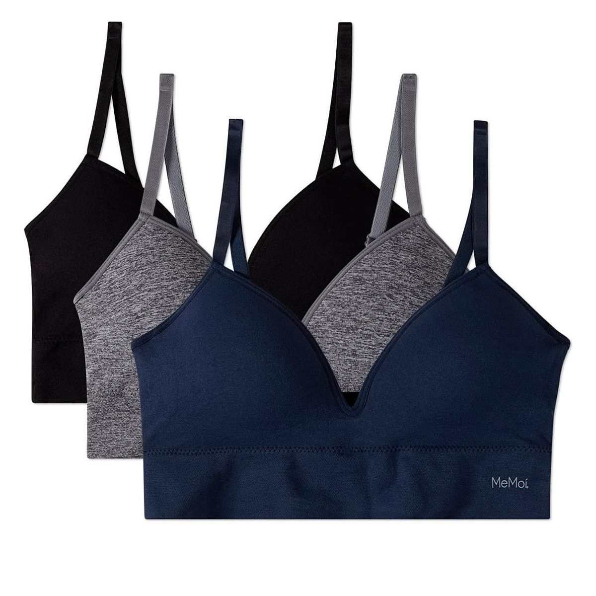 Memoi 3 Pack Women's Seamless Tag-Free Bras with Built-In Cup Lining (Asst-60) Naval Academy, Med Gray Heather, Black S