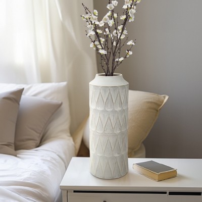 Ceramic Vase - Geometric Textured Ceramic Cylinder - Modern Decorative Accent for Home, Office, Bedroom, or Living Room - 22" White