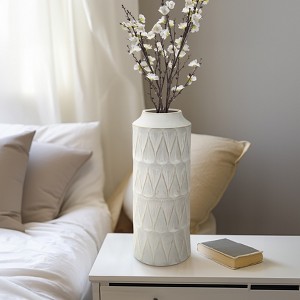 Ceramic Vase - Geometric Textured Ceramic Cylinder - Modern Decorative Accent for Home, Office, Bedroom, or Living Room - 22" White - 1 of 4