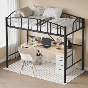 Twin Metal Loft Bed - Heavy Duty Frame with Arched Guardrail & Safety Ladder, Space-Saving Design (No Box Spring Needed),Black - 1 of 4