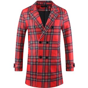 Lars Amadeus Men's Plaid Notch Collar Double Breasted Winter Long Coat - 1 of 4