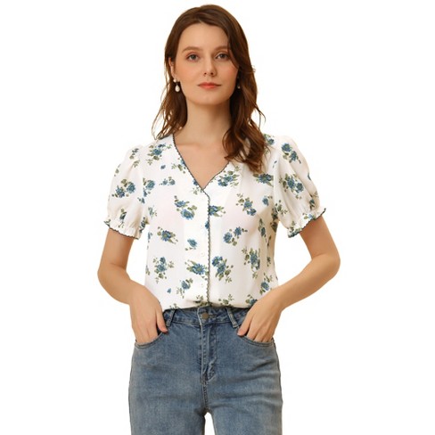 Floral Print Pleated Button Front T-shirt, Casual Ruffle Sleeve T