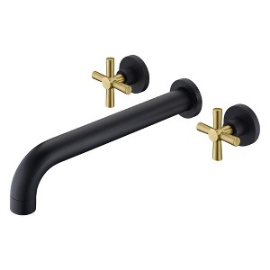 Sumerain Wall Mount Tub Faucet with 2 Cross Handles Black and Gold, Long Spout Reach High Flow - 1 of 4