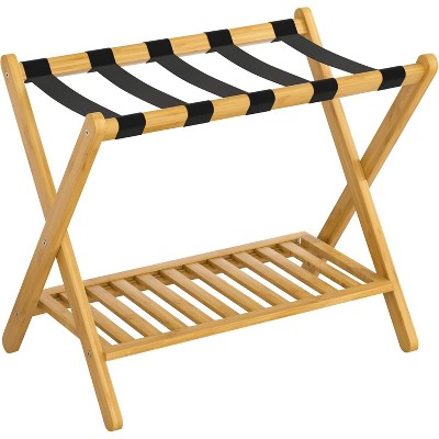 Heybly Luggage Rack Bamboo Folding Suitcase Stand with storage shelf