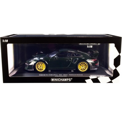 2018 Porsche 911 GT2RS Weissach Package Dark Green w/Carbon Stripes & Golden Wheels Ltd Ed 1/18 Diecast Model Car by Minichamps