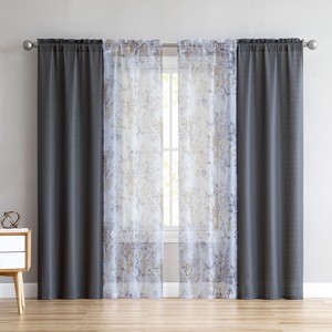Kate Aurora Gray 4 Piece Coordinated Rod Pocket Semi Sheer Floral Window Curtain Panel Set - 84 in. Long - 1 of 4