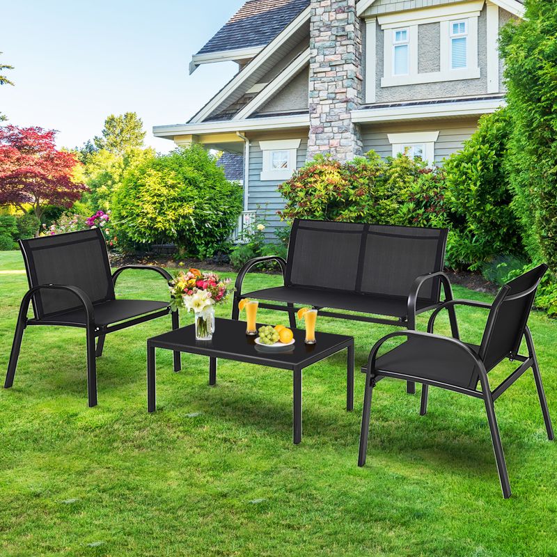 Tangkula 4PCS Furniture Set Chairs and Coffee Table Patio Garden Black, 4 of 10