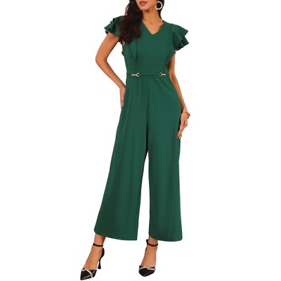 INSPIRE CHIC Women's Ruffled Short Sleeve V Neck Dressy Wide Leg Pants Jumpsuits