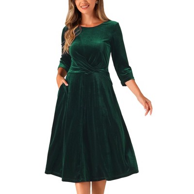 Allegra K Women's Velvet Crew Neck 3/4 Sleeve Party A Line Midi Dress