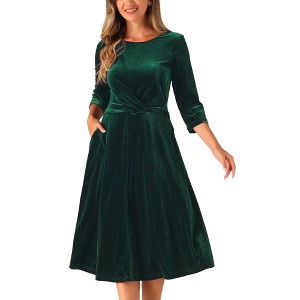 Allegra K Women's Velvet Crew Neck 3/4 Sleeve Party A Line Midi Dress - 1 of 4