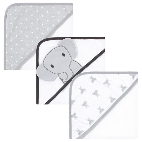 Gerber Baby Grey Elephant Hooded Bath Towel & Washcloths, One Size Fits Most, 4-Piece Set