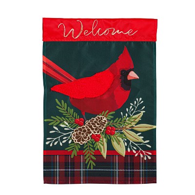 Evergreen Plaid Cardinal Garden Applique Flag