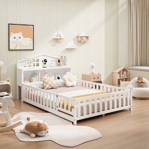 CAVINAS Full Size Wood Montessori Bed with Bookcases and Blackboards,Floor Bed with Guardrails and Storage Headboards,Toddler Bed for Bedroom - 1 of 4