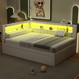 Full Size Upholstered Platform Bed with Trundle, USB Ports, and LED Belt for Bedroom or Apartment - 1 of 4