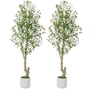 Tall Faux Olive Tree，5ft（60in） Tall Faux Olive Tree with White Planter and Green Fake Moss, 1 Pack - 1 of 4