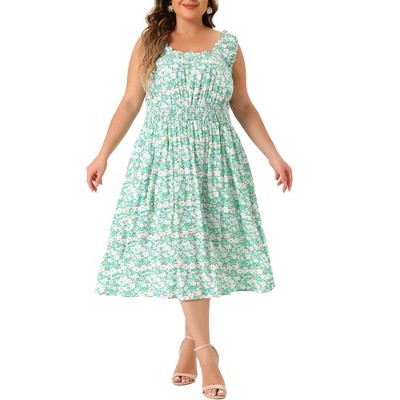 Agnes Orinda Women's Plus Size Square Neck Sleeveless Floral Flowy Stretchy Waist Midi A-Line Sundresses