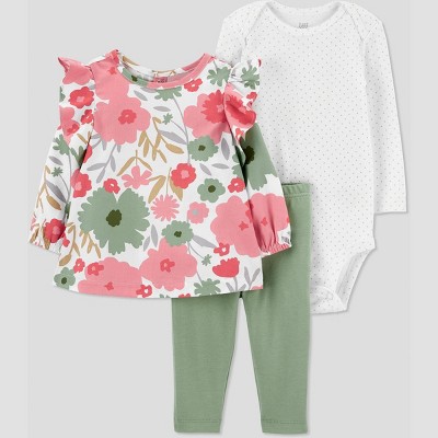 Carter's Just One You® Baby Girls' 3pc Floral Top & Bottom Set - Pink/Green Newborn