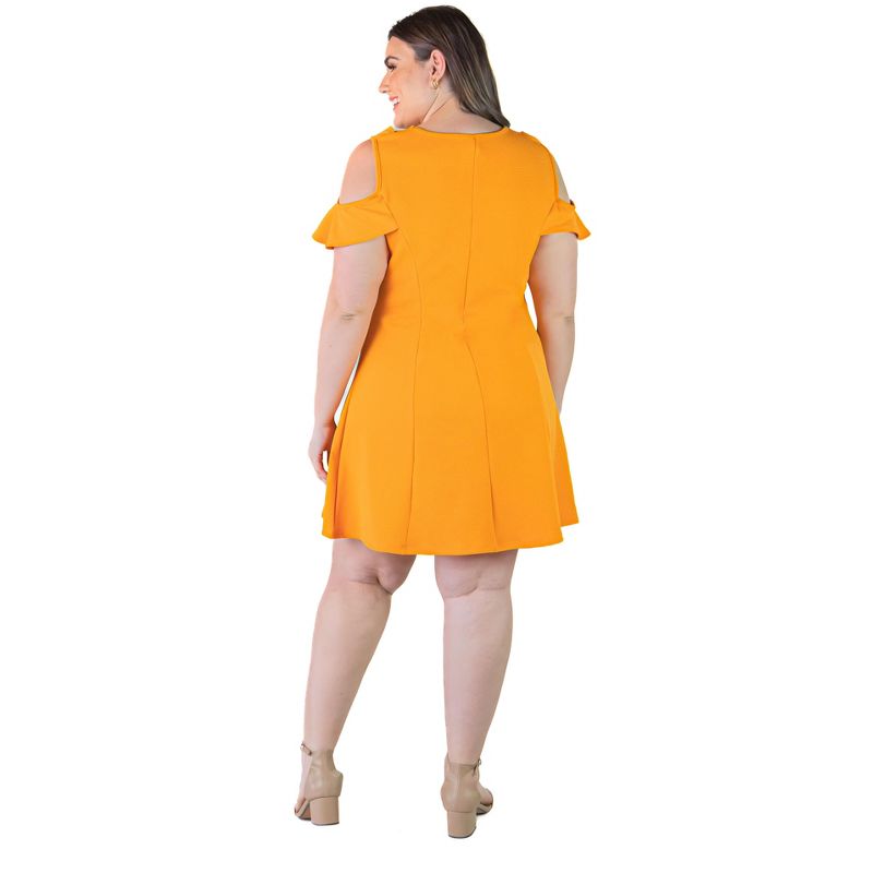 24seven Comfort Apparel Plus Size Ruffle Cold Shoulder A Line Knee Length Dress, 3 of 7