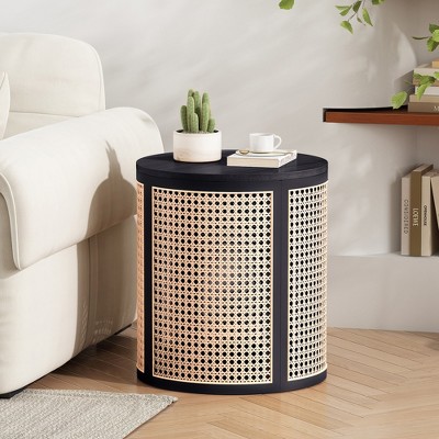 JUJABU 15.7" Round End Table, Hollow Rattan Woven Design with Rubber Wood Top, Small Nightstand or Tea Table for Living Room, Easy Assembly