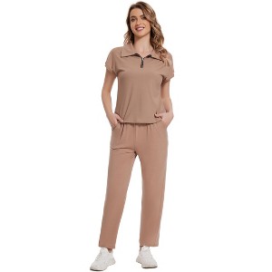 Clearlove Women's 2 Piece Outfits Casual Lapel Half Zip Sweatshirts And Wide Leg Pants Tracksuit Sets - 1 of 4