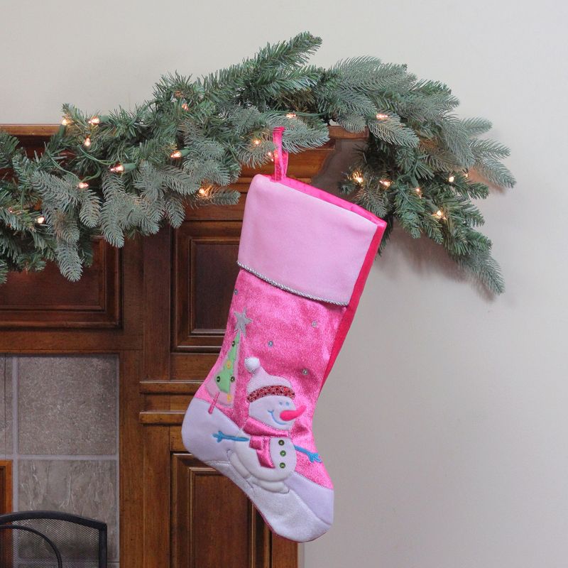 Northlight 20.5" Pink Embroidered Ice Skating Snowman and Christmas Tree Stocking, 2 of 4