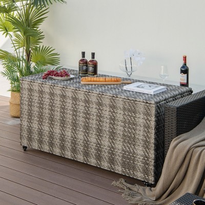 96 Gallon Gray Wicker Deck Box with Wheels