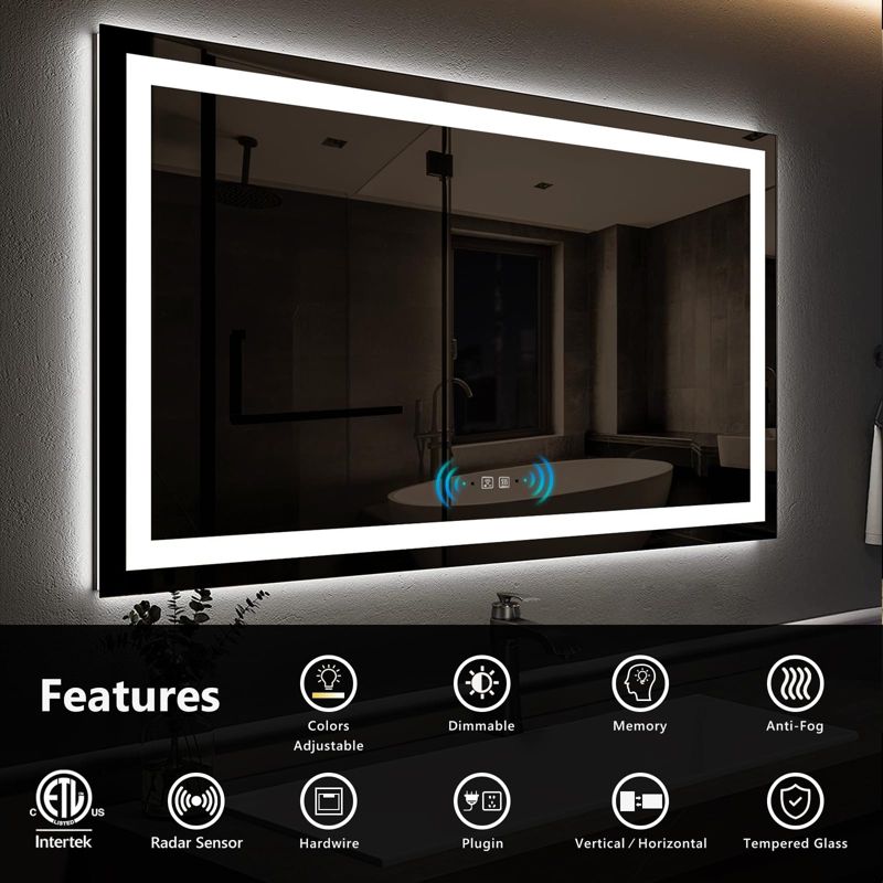 HOMLUX 36 in. W x 30 in. H Rectangular Frameless LED Mirror with Motion Sensing Anti-Fog Wall Mounted Bathroom Vanity Mirror, 2 of 9