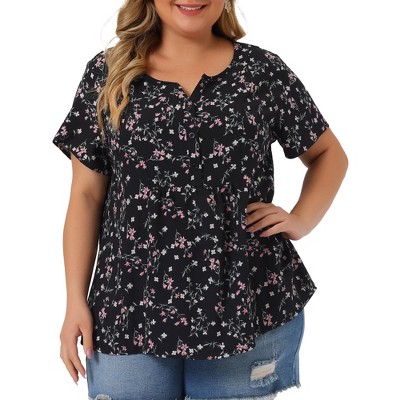 Agnes Orinda Women's Plus Size Floral Short Sleeve Square Tassel Tie Neck  Peasant Tops Black 1X