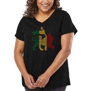 LA Pop Art Women's Word Art V-Neck - Rasta Lion - One Love - 1 of 4