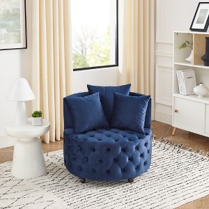 Velvet Upholstered Swivel Chair for Living Room, with Button Tufted Design and Movable Wheels, Including 3 Pillows, Black - 1 of 4