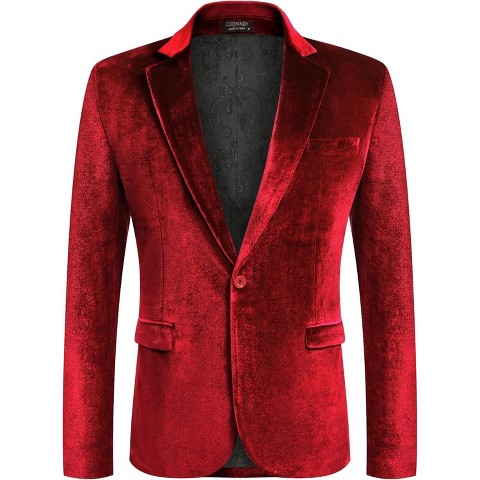 COOFANDY Men's Velvet Blazer Notched Lapel Velour Suit Jacket One Button Tuxedo Jackets for Wedding Prom Party Dinner Red M